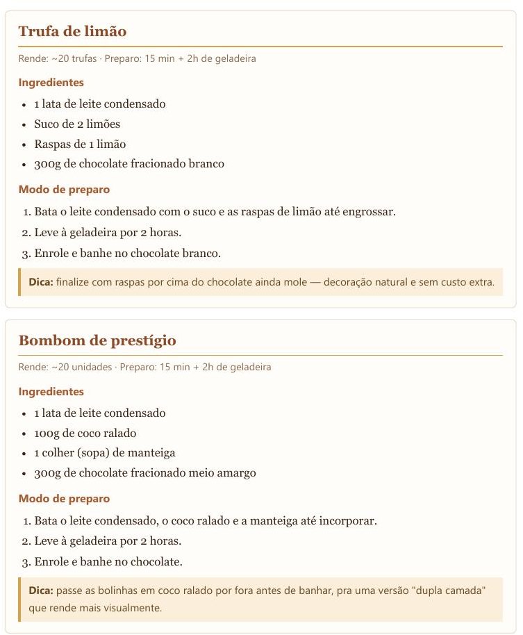 Página real de receitas de trufas e bombons do ebook Receitas Sem Chama