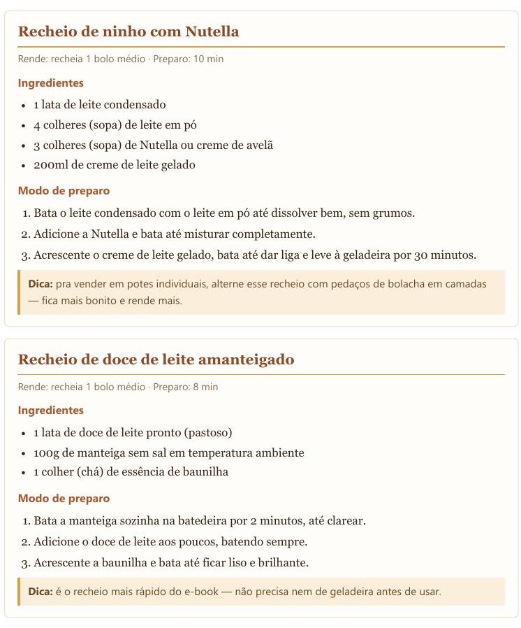 Página real de receita de recheio com rendimento, tempo, ingredientes, modo de preparo e dica de venda